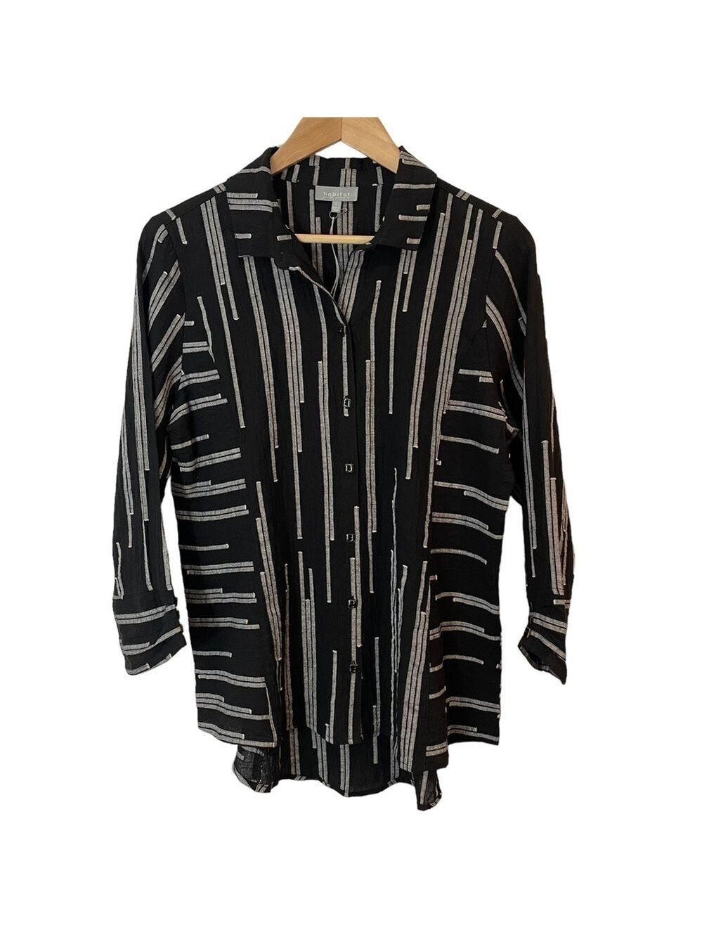 Habitat Button Down Shirt Women’s S Black White Stripe Detail Cotton Tunic EUC
